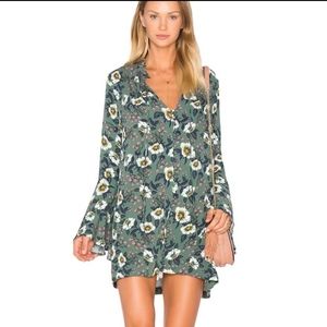 Free People Magic Mystery Tunic Dress Green Floral Boho Bell Sleeves Size XS